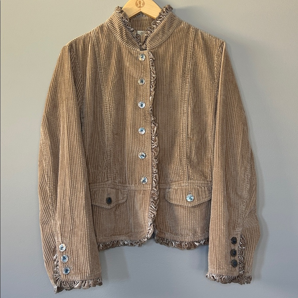 J. Jill Corduroy Velvet Ruffle Trim‎ Jacket Size Medium in Tan